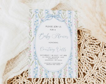 May include: Baby shower invitation with a floral and striped design. The invitation features the text "Please join us for a Baby Shower" and the name "Courtney Wells". The invitation is decorated with blue and pink flowers and a blue bow.