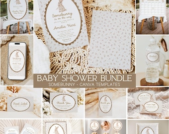 Somebunny Is On The Way Baby Shower Bundle, Beige Bunny Decor, Welcome Sign, Games, Canva Templates