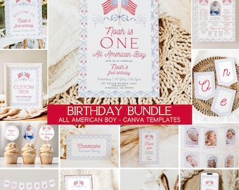 Paquete de cumpleaños para niño americano, plantilla de Canva, invitación de cumpleaños para niño americano, niño americano, decoración de cumpleaños, 4 de julio, verano