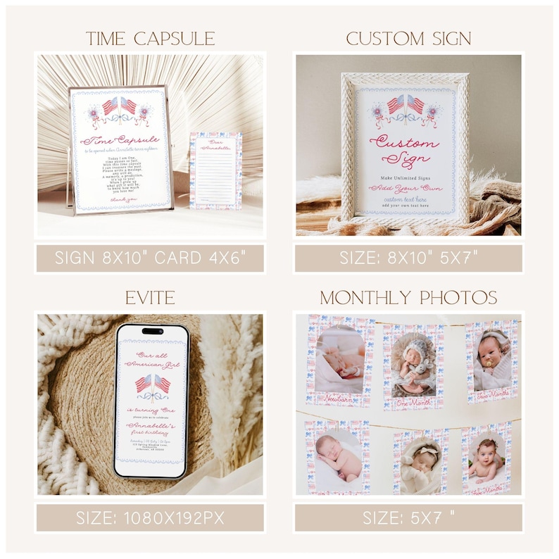 Pu&ograve; includere: Una collezione di articoli di cancelleria per eventi a tema patriottico, tra cui un cartello "Time Capsule" incorniciato, un "Custom Sign" in una cornice decorativa, un invito digitale su uno smartphone e uno striscione di foto mensili per bambini.