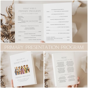May include: A white folded paper programme for a Sunset Ward II Primary event. The interior lists the order of service, including songs like A Child's Prayer and Stand for the Right. The cover features an illustration of five figures in robes.