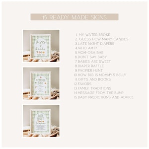 May include: A collection of 15 ready-made signs for a baby shower. The signs feature a green and white gingham pattern border and include phrases like "Gifts & Books," "Momosa Bar," and "Late Night Diapers."