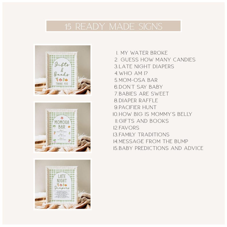 May include: A collection of 15 ready-made signs for a baby shower. The signs feature a green and white gingham pattern border and include phrases like "Gifts & Books," "Momosa Bar," and "Late Night Diapers."