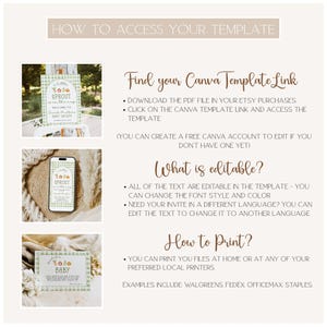 May include: A digital template guide with instructions on how to access and edit a Canva template. The guide includes images of a baby shower invitation and a phone displaying the invitation. Text includes "Find your Canva Template Link" and "What is editable?"