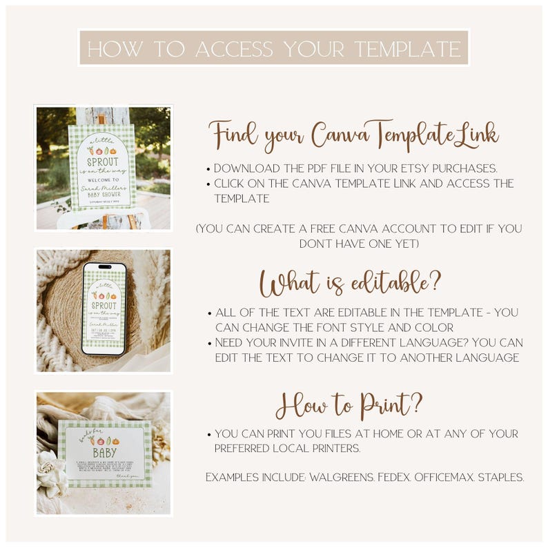May include: A digital template guide with instructions on how to access and edit a Canva template. The guide includes images of a baby shower invitation and a phone displaying the invitation. Text includes "Find your Canva Template Link" and "What is editable?"