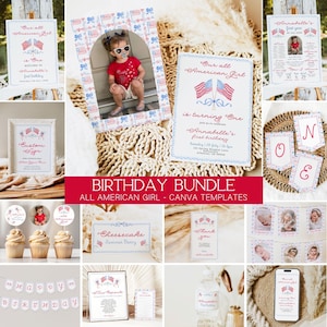 All American Girl Birthday Bundle, Canva Template, All American Girl Birthday Invitation, American Girl, Birthday Decor, 4th of July, Summer