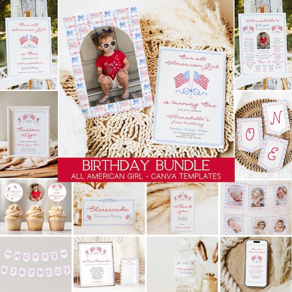 All American Girl Birthday Bundle, Canva Template, All American Girl Birthday Invitation, American Girl, Birthday Decor, 4th of July, Summer