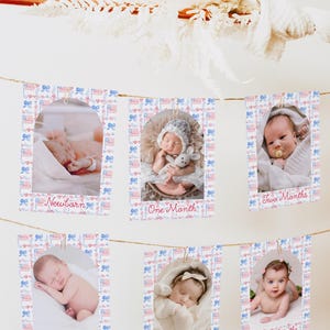 Pu&ograve; includere: Un banner fotografico per tappe fondamentali del bambino con sei cornici rettangolari. Ogni cornice ha un design patriottico rosso, bianco e blu e contiene una foto del bambino. I mesi sono etichettati: Neonato, Un mese, Due mesi, Tre mesi, Quattro mesi e Cinque mesi.