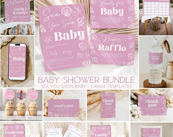 May include: A collection of pink baby shower decorations with a sea theme. Includes invitations, signs, cupcake toppers, and a water bottle label. The text includes "Sea You Soon Baby" and "Baby Shower Bundle".
