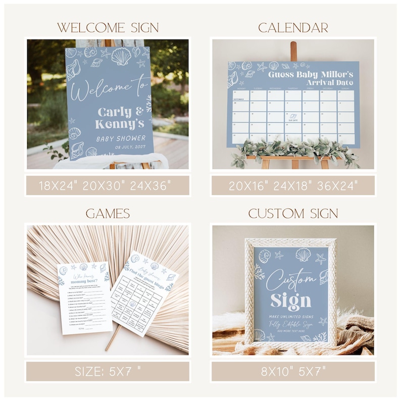 May include: A collection of baby shower decorations, including a welcome sign, calendar, games, and a custom sign. The signs are light blue with seashell designs and text. The welcome sign is available in 18x24, 20x30, and 24x36 inches.