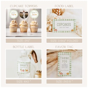 May include: A collection of baby shower stationery items, including cupcake toppers, a food label, a bottle label, and a favor tag. The designs feature a green and white gingham pattern with illustrations of vegetables. The cupcake toppers are 2x2 inches.