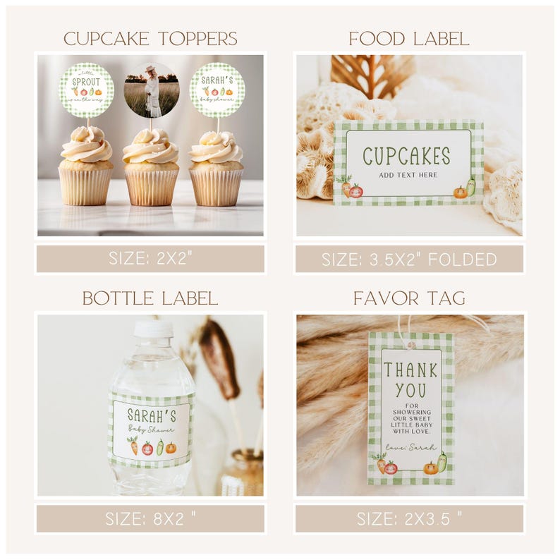 May include: A collection of baby shower stationery items, including cupcake toppers, a food label, a bottle label, and a favor tag. The designs feature a green and white gingham pattern with illustrations of vegetables. The cupcake toppers are 2x2 inches.
