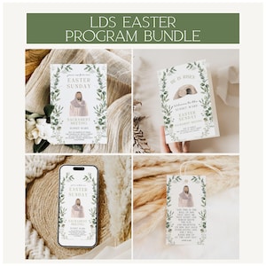 May include: An Easter program bundle featuring a variety of designs. The bundle includes a card, a tag, and a phone screen mockup, all with the text "Easter Sunday" and images of Jesus. The designs are framed with green foliage.