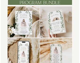 LDS Easter Sacrament Meeting Program Bundle, LDS Easter Program, Church Easter Program, Neutral Greenery, He is Risen, Canva Templates