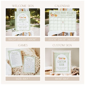 May include: A collection of baby shower decorations, including a welcome sign, calendar, games, and a custom sign. The signs feature a green and white gingham pattern and illustrations of vegetables. Sizes range from 5x7 inches to 36x24 inches.