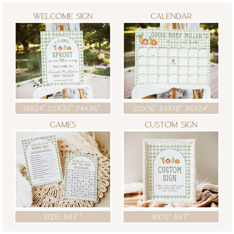 May include: A collection of baby shower decorations, including a welcome sign, calendar, games, and a custom sign. The signs feature a green and white gingham pattern and illustrations of vegetables. Sizes range from 5x7 inches to 36x24 inches.