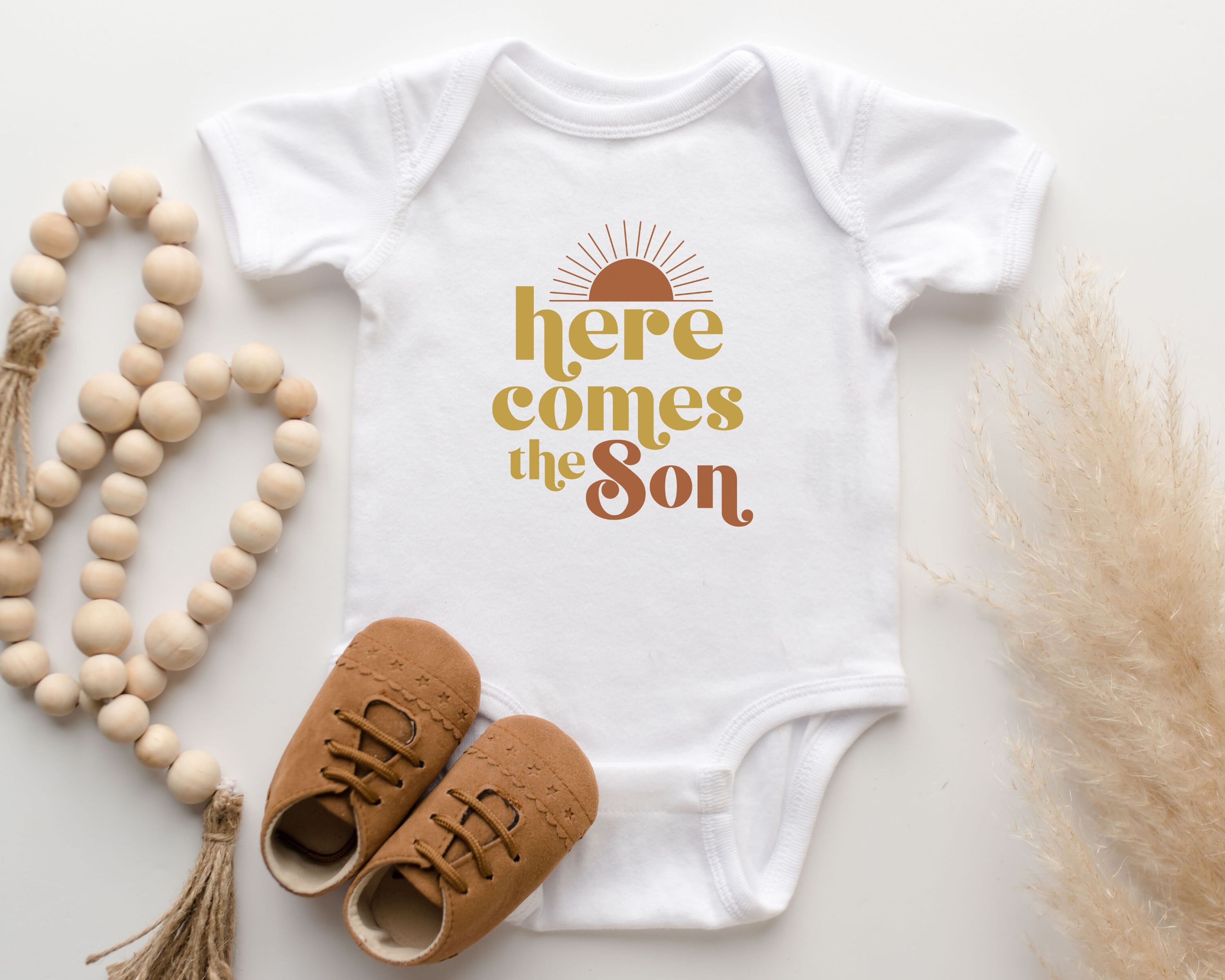 Here Comes the Son Baby Bodysuit, Here Comes the Son Baby Announcement, Retro Boho Here Comes