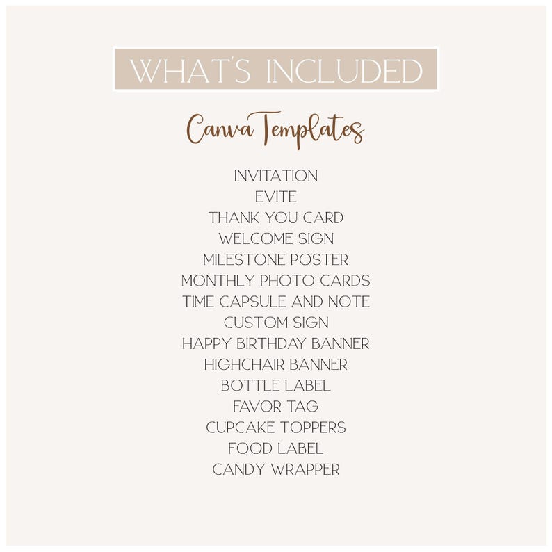 Pu&ograve; includere: Grafica beige con il testo "WHAT'S INCLUDED" e "Canva Templates". L'elenco include invito, biglietto di ringraziamento, cartello di benvenuto, poster di pietre miliari, biglietti fotografici e altro. Il testo &egrave; in un mix di caratteri.
