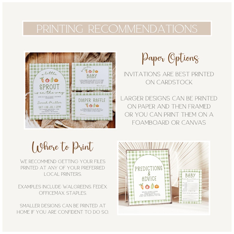 May include: A baby shower invitation suite with a green gingham pattern. The suite includes invitations, a diaper raffle card, and a predictions and advice sign. Text includes "a little sprout is on the way" and "baby".