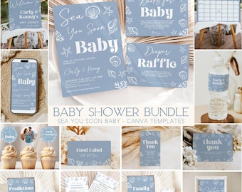 Sea You Soon Baby Shower Bundle, Canva, Seashell Baby Shower Invitation, Ocean Baby Shower, Blue Sea You Soon Baby, 5x7" Template