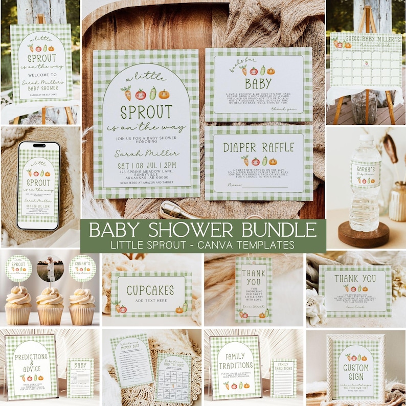May include: A baby shower bundle with a green and white gingham theme. The bundle includes invitations, signs, and games with a "Little Sprout" design. The text includes "Welcome to Sarah Miller's Baby Shower" and "Cupcakes".