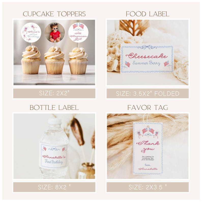 Pu&ograve; includere: Una collezione di decorazioni per feste, tra cui decorazioni per cupcake, un'etichetta alimentare, un'etichetta per bottiglie e un'etichetta per bomboniere. Le decorazioni per cupcake presentano una foto e del testo. L'etichetta alimentare dice "Cheesecake Summer Berry".