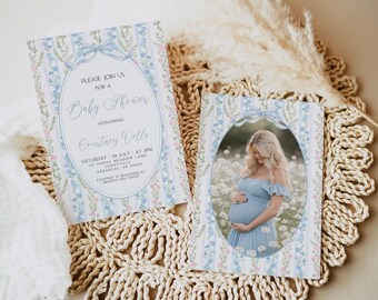 May include: A blue and white floral baby shower invitation with a photo of a pregnant woman in a blue dress. The invitation includes the text "Please join us for a Baby Shower honoring Courtney Wells" and the date and time of the event.