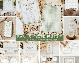 Paquete para baby shower de Little Sprout, Canva, productos locales, tendedero, letrero de bienvenida, libros para bebé, decoraciones, juegos y plantillas.