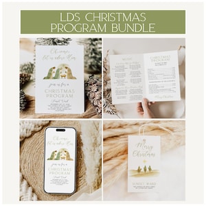 Puede incluir: Un paquete de programas navideños con una pancarta verde que dice "LDS CHRISTMAS PROGRAM BUNDLE". El paquete incluye un programa, una maqueta de teléfono y una etiqueta de regalo. El programa presenta una escena de la Natividad y el texto "Oh, come, let us adore Him."
