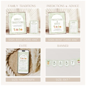 May include: A collection of baby shower decorations with a green and white gingham pattern. Includes signs with text "Family Traditions" and "Predictions & Advice", a banner spelling "BABY", and an Evite on a phone screen. The theme is a baby shower.