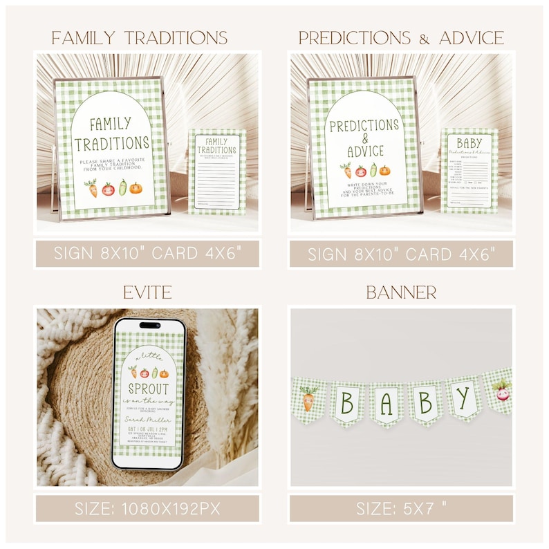 May include: A collection of baby shower decorations with a green and white gingham pattern. Includes signs with text "Family Traditions" and "Predictions & Advice", a banner spelling "BABY", and an Evite on a phone screen. The theme is a baby shower.