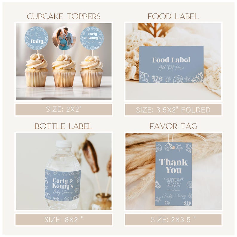 May include: A collection of baby shower decorations, including cupcake toppers, a food label, a bottle label, and a favor tag. The items feature a blue and white seashell design and the text "Baby", "Carly & Kenny's", and "Thank You".
