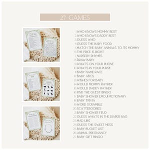 May include: A collection of baby shower games, including "Who Knows Mommy Best" and "Baby ABCs." The games are printed on cards with a green and white design, arranged on a woven placemat. The text "27 Games" is at the top.