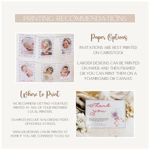 Pu&ograve; includere: Grafica beige con consigli di stampa. Include un banner di foto di bambini, testo sulle opzioni di carta e dove stampare. Viene mostrato anche un biglietto di ringraziamento.