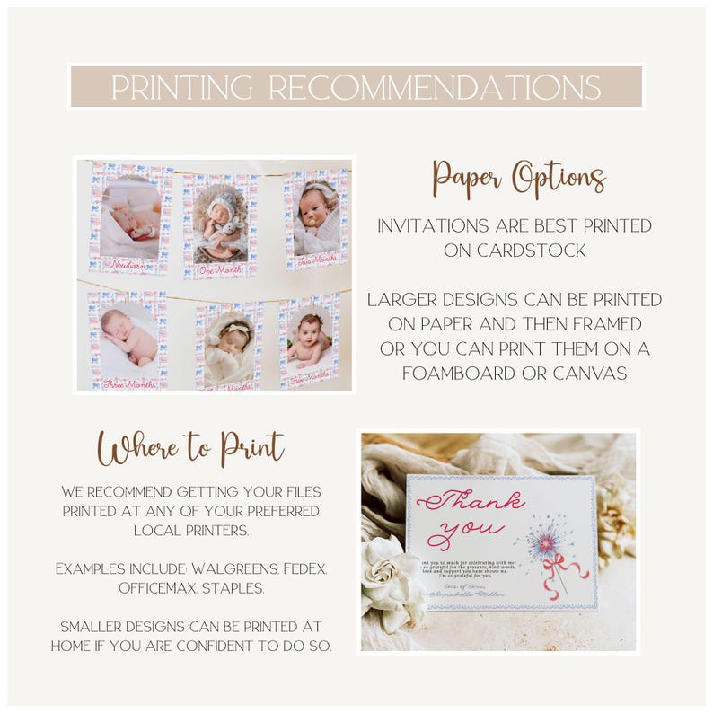 Pu&ograve; includere: Grafica beige con consigli di stampa. Include un banner di foto di bambini, testo sulle opzioni di carta e dove stampare. Viene mostrato anche un biglietto di ringraziamento.
