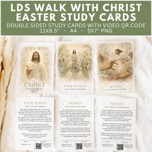 May include: Set of Easter study cards featuring religious imagery and text. The cards include images of Jesus and text such as "Walk with Christ" and "Palm Sunday." The cards are double-sided and include a QR code for video access. Card sizes are 11x8.5", A4, and 5x7".