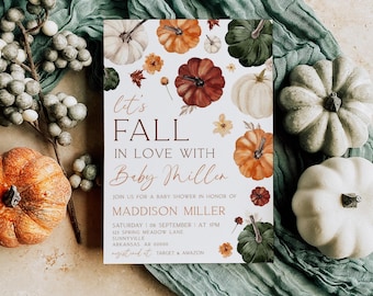 Fall in Love Baby Shower Invitation, Fall in Love with Baby, Canva Template, Fall Baby Shower Invitation, Fall Pumpkin Baby Shower Invite