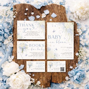 Blue Baby in Bloom Baby Shower Invitation Suite, Boy Baby Shower, Canva Template, Baby in Bloom Baby Invitation, Spring