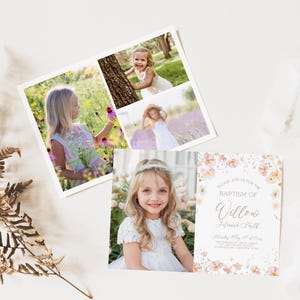 Op de afbeelding: Een doopkaart met een bloemenontwerp en een foto van een jong meisje in een witte jurk. De uitnodiging luidt "U bent van harte welkom op de doop van Willow Juliana Smith" en bevat de datum en tijd van het evenement.