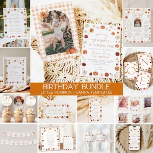 Puede incluir: Una colección de decoraciones y plantillas para fiestas de cumpleaños con temática otoñal. Incluye invitaciones, letreros, adornos para cupcakes, pancartas y etiquetas para botellas de agua. Los diseños presentan calabazas, follaje otoñal y el texto "Our Little Pumpkin is Turning One."