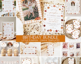 Op de afbeelding: Een verzameling herfst-thema verjaardagsfeestdecoraties en sjablonen. Inclusief uitnodigingen, borden, cupcake toppers, banners en waterfles labels. De ontwerpen bevatten pompoenen, herfstbladeren en de tekst "Our Little Pumpkin is Turning One."