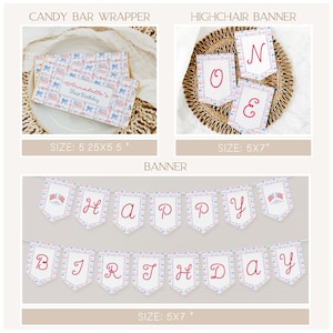 Pu&ograve; includere: Una collezione di decorazioni per feste, tra cui un involucro per barrette di cioccolato, uno striscione per seggiolone e uno striscione con la scritta "Happy Birthday". Gli articoli presentano un motivo ripetuto di disegni rosa, blu e bianchi. L'involucro misura 13,3 x 14 cm.