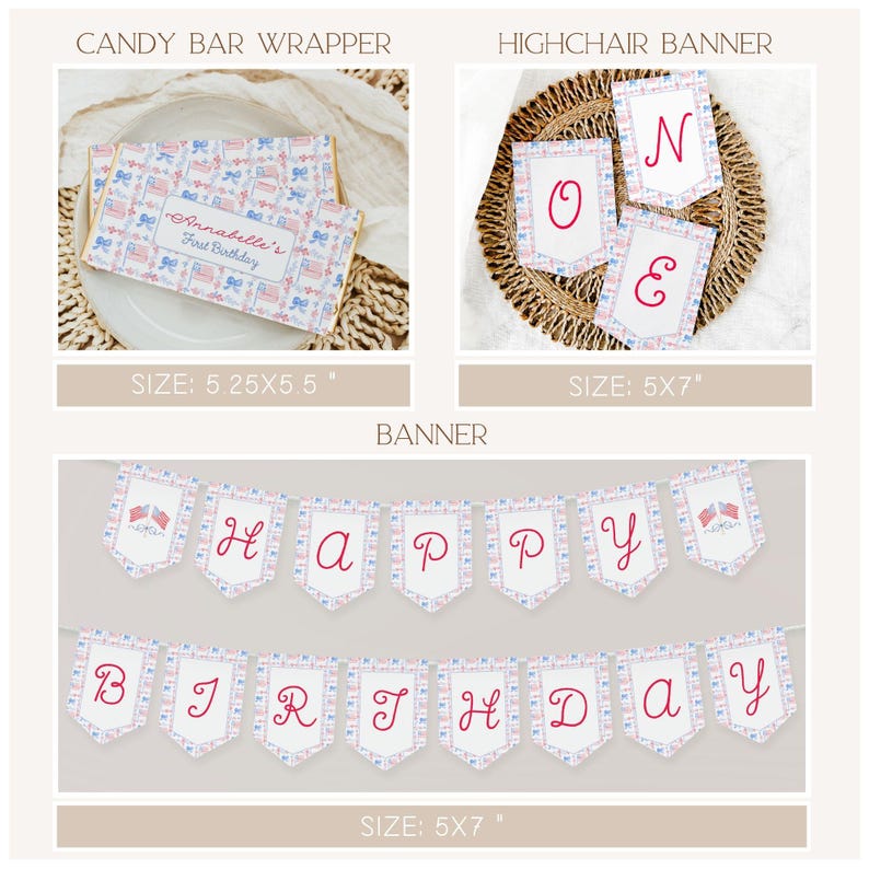 Pu&ograve; includere: Una collezione di decorazioni per feste, tra cui un involucro per barrette di cioccolato, uno striscione per seggiolone e uno striscione con la scritta "Happy Birthday". Gli articoli presentano un motivo ripetuto di disegni rosa, blu e bianchi. L'involucro misura 13,3 x 14 cm.