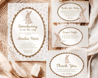 Somebunny Is On The Way Baby Shower Invitation Suite, Gender Neutral, Canva Template, Beige Bunny
