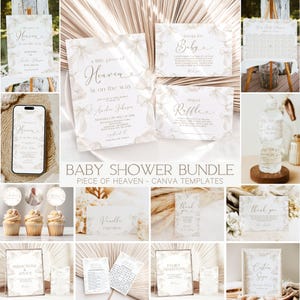 Puede incluir: Un conjunto de papelería para baby shower con un diseño floral. Incluye invitaciones, letreros y tarjetas con texto como "a little piece of Heaven", "Books for Baby" y "Diaper Raffle". El paquete está etiquetado como "Baby Shower Bundle".