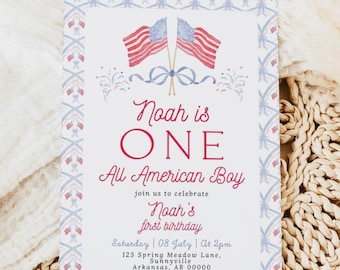 All American Boy Birthday Invitation, Canva Template, 4th of July Birthday Invitation, July 1st Birthday Invitation, Summer, American Boy