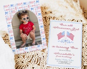 All American Girl Birthday Invitation, Canva Template, 4th of July Birthday Invitation, July 1st Birthday Invitation, Summer, American Girl