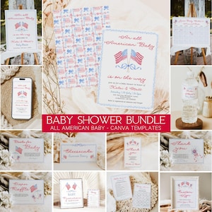 Ensemble baby shower américain, modèle de toile, Faire-part de baby shower du 4 juillet, baby shower américain, bébé d'été, rouge et blanc en raison
