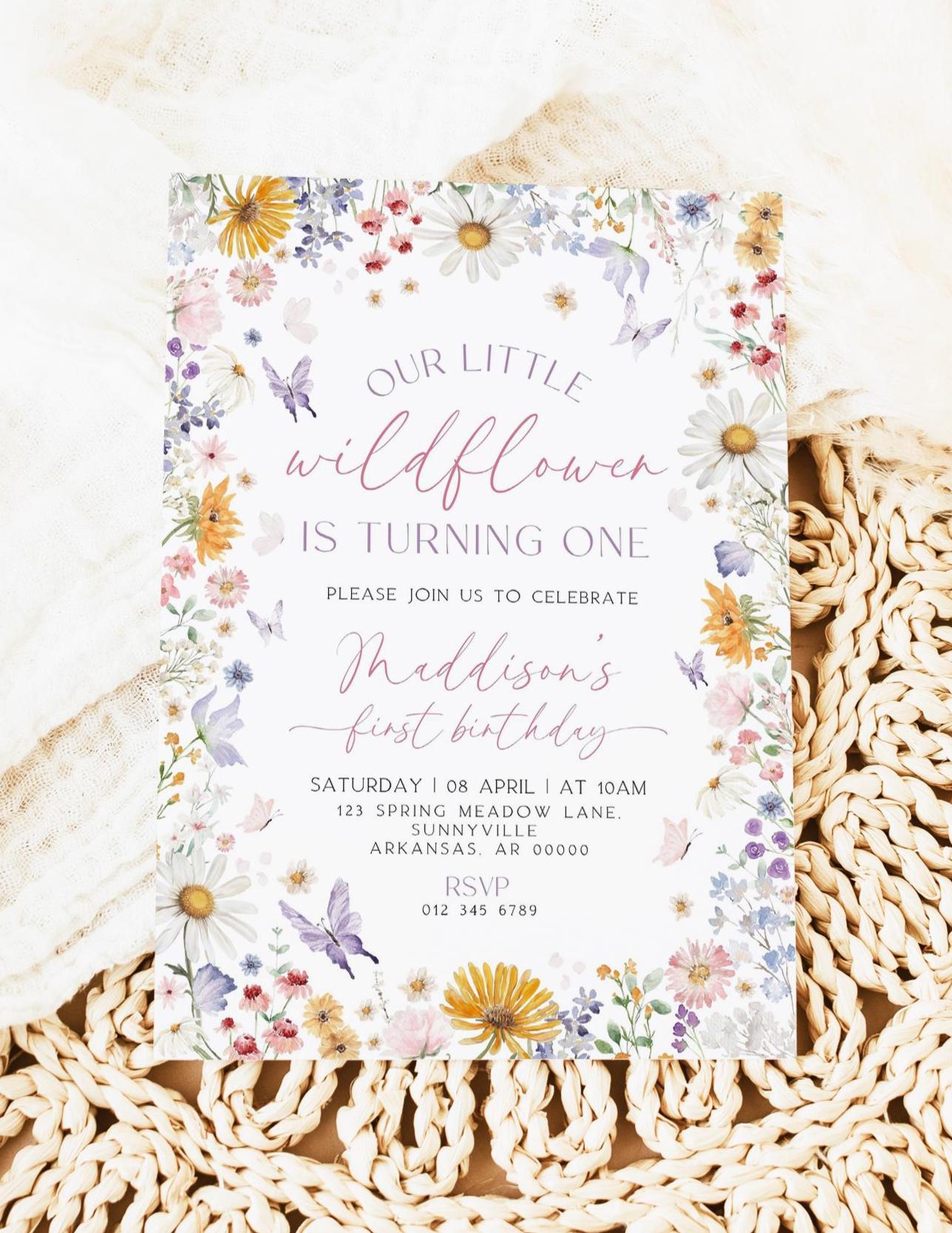 Little Wildflower Birthday Invitation, Canva Template, Wildflower Birthday Invitation, Floral 1st Birthday Invitation, Spring Birthday