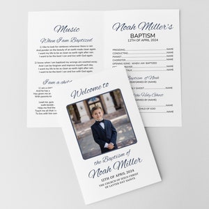 May include: A white programme for a baptism ceremony with a photo of a young boy in a suit and bow tie. The programme includes the text "Noah Miller's Baptism 12th of April 2024" and "Welcome to the Baptism of Noah Miller 12th of April 2024 The Church of Jesus Christ of Latter-day Saints".